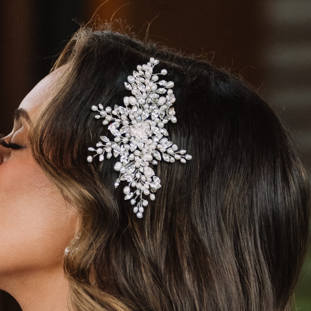 Silver and White Bridal Hair Comb